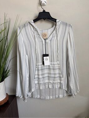 Chaser Striped Hooded Blouse NWT Large Coastal Resort Lightweight Top